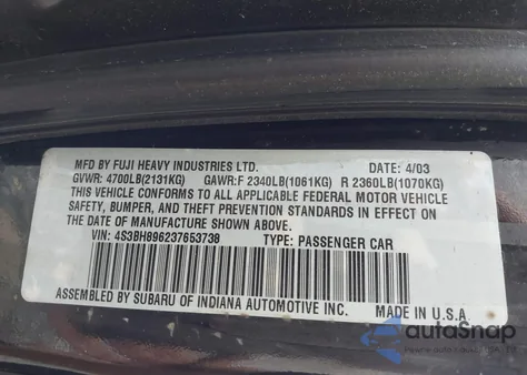 2003 Subaru Outback H6-3.0 Vdc z USA, uszkodzony, nr VIN 4S3BH896237653738